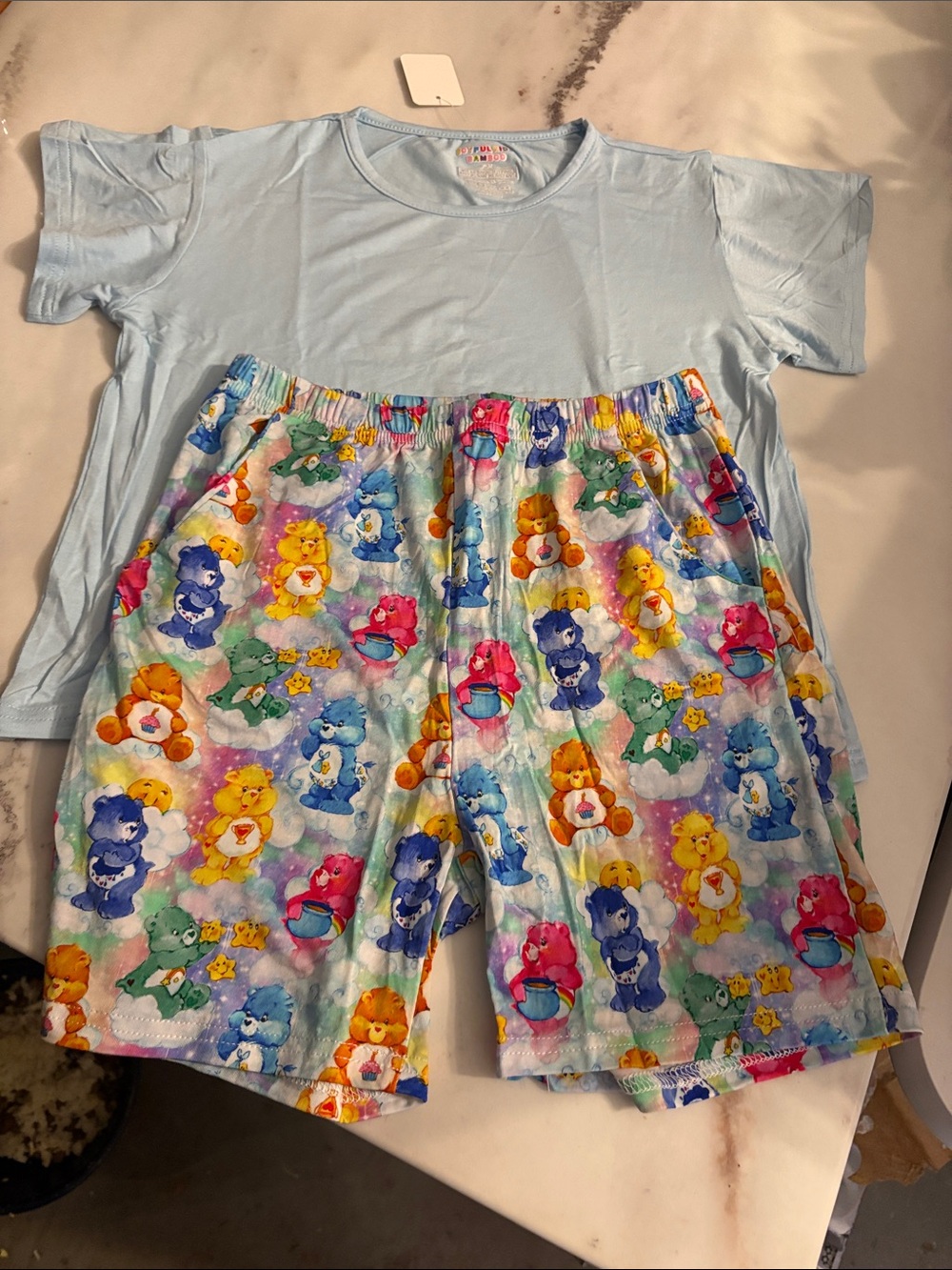 BAMBOO Light Blue Tee with Multicolor Care Bears-Print Shorts  Set
